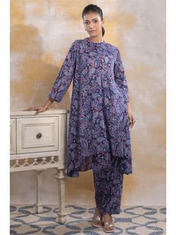 etre comfortwear - Blue Cotton Lurex Three Fourth Sleeves Round Neck Paisley Co-ord Set