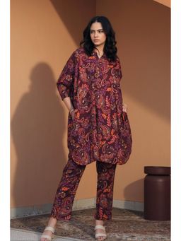 etre comfortwear - Wine Cotton Three Fourth Sleeves Round Neck Paisley Co-ord Set