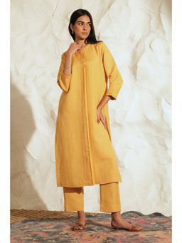 etre comfortwear - Mustard Linen Three Fourth Sleeves Round Neck Solid Co-ord Set