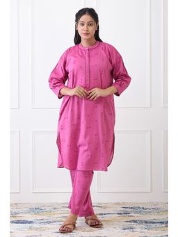 etre comfortwear - Pink Cotton Three Fourth Sleeves Round Neck Floral Co-ord Set