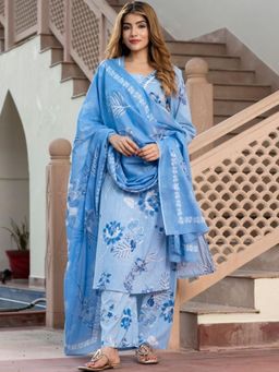 GEKHA - Blue Cotton Three Fourth Sleeves V-Neck Printed Kurta With Pants With Dupatta