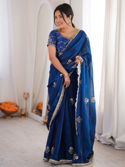 Sareemall - Women's Satin Blue Embellished Designer Saree with Unstitched Blouse