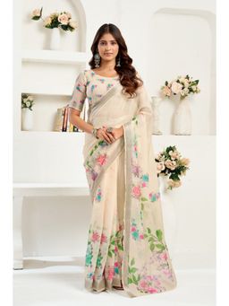 BFM - Off White Floral Printed Ready To Wear Saree with Unstitched Blouse