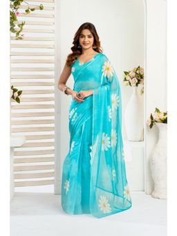 BFM - Turquoise Floral Printed Ready To Wear Saree with Unstitched Blouse