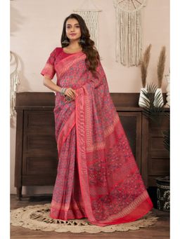 BFM - Pink Printed Ready To Wear Saree with Unstitched Blouse