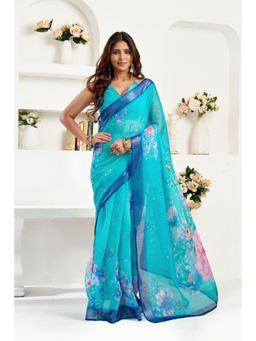 BFM - Turquoise Floral Printed Ready To Wear Saree with Unstitched Blouse