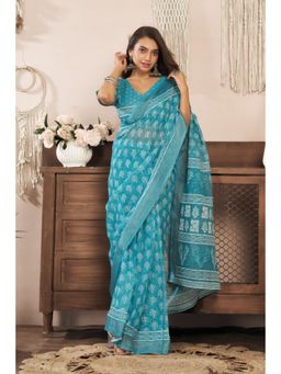 BFM - Turquoise Floral Printed Ready To Wear Saree with Unstitched Blouse