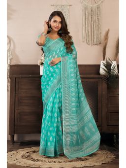 BFM - Green Floral Printed Ready To Wear Saree with Unstitched Blouse