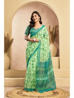 BFM - Green Floral Printed Ready To Wear Saree with Unstitched Blouse