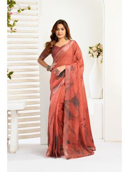 BFM - Orange Floral Printed Ready To Wear Saree with Unstitched Blouse