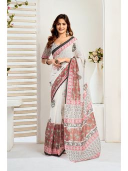 BFM - White Floral Printed Ready To Wear Saree with Unstitched Blouse