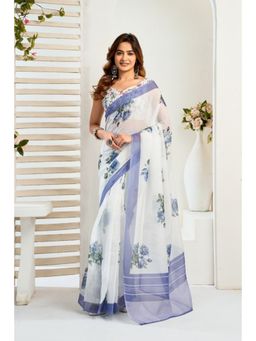 BFM - White Floral Printed Ready To Wear Saree with Unstitched Blouse