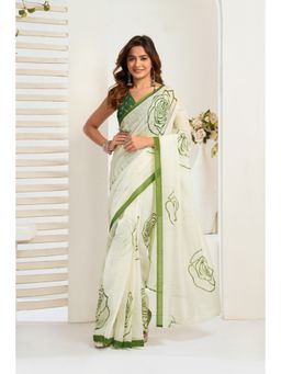 BFM - White Floral Printed Ready To Wear Saree with Unstitched Blouse