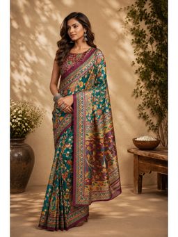 BFM - Green Floral Printed Ready To Wear Saree with Unstitched Blouse