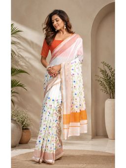 BFM - White Floral Printed Ready To Wear Saree with Unstitched Blouse