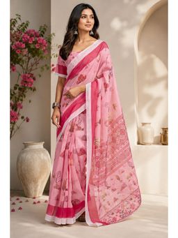 BFM - Pink Printed Ready To Wear Saree with Unstitched Blouse