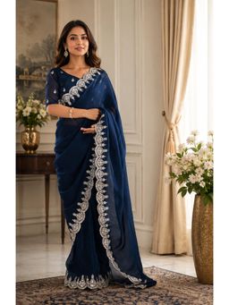 Elora - Navy Blue Chiffon Embroidered Embroidered Saree With Unstitched Blouse