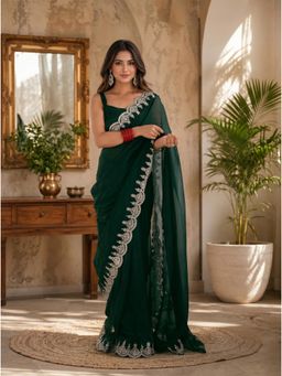 Elora - Green Chiffon Embroidered Embroidered Saree With Unstitched Blouse