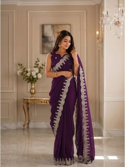 Elora - Wine Chiffon Embroidered Embroidered Saree With Unstitched Blouse