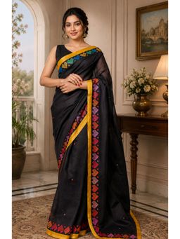 Elora - Black Chanderi Printed Ready To Wear Pre-Draped Saree With Unstitched Blouse