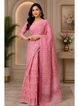 Elora - Pink Chanderi Printed Ready To Wear Pre-Draped Saree With Unstitched Blouse