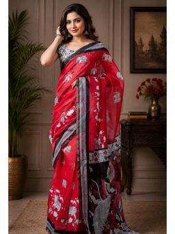 Elora - Red Chanderi Printed Ready To Wear Pre-Draped Saree With Unstitched Blouse