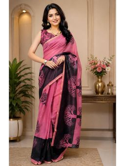 Elora - Pink Chanderi Printed Ready To Wear Pre-Draped Saree With Unstitched Blouse