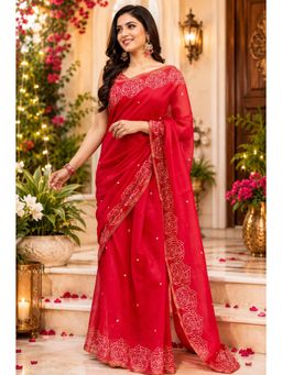 Elora - Red Chanderi Floral Ready To Wear Pre-Draped Saree With Unstitched Blouse