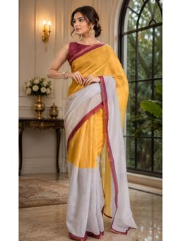 Elora - Mustard Chanderi Colorblock Ready To Wear Pre-Draped Saree With Unstitched Blouse