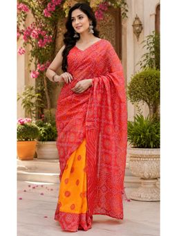 Elora - Red Chanderi Printed Ready To Wear Pre-Draped Saree With Unstitched Blouse