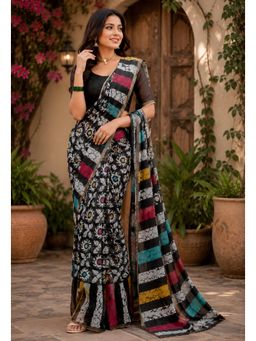 Elora - Black Chanderi Printed Ready To Wear Pre-Draped Saree With Unstitched Blouse