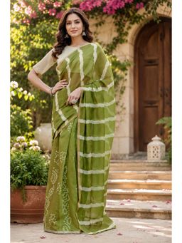 Elora - Green Chanderi Printed Ready To Wear Pre-Draped Saree With Unstitched Blouse