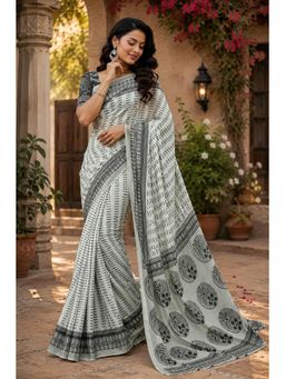 Elora - White Chanderi Printed Ready To Wear Pre-Draped Saree With Unstitched Blouse