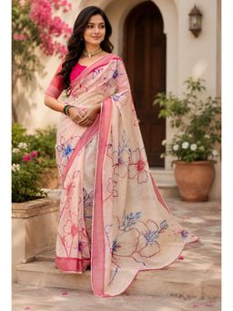 Elora - Pink Chanderi Printed Ready To Wear Pre-Draped Saree With Unstitched Blouse