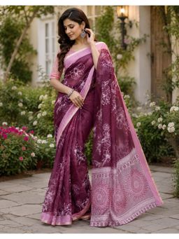 Elora - Purple Chanderi Printed Ready To Wear Pre-Draped Saree With Unstitched Blouse