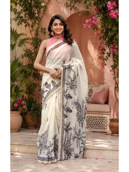 Elora - Off White Chanderi Printed Ready To Wear Pre-Draped Saree With Unstitched Blouse