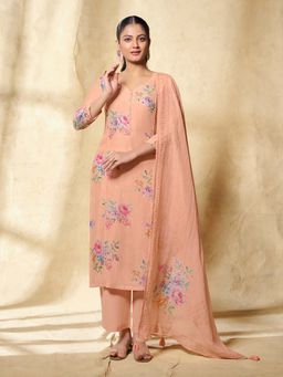 Seerat - Peach Floral Printed Straight Kurta and Pant with Dupatta