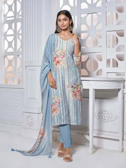 Seerat - Blue Floral Printed Straight Kurta and Pant with Dupatta
