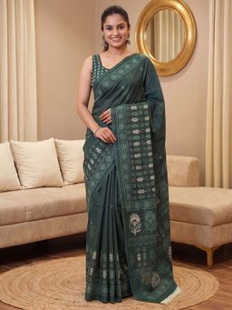 Sareemall - Women's Cotton Teal Green Printed Designer Saree with Unstitched Blouse