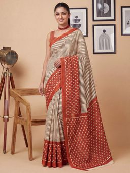 Sareemall - Women's Cotton Multi-Color Stripes Printed Designer Saree with Unstitched Blouse