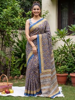 Sareemall - Women's Cotton Light Blue Floral Printed Designer Saree with Unstitched Blouse