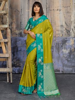 Sareemall - Women's Soft Silk Light Olive Floral Woven Designer Saree with Unstitched Blouse