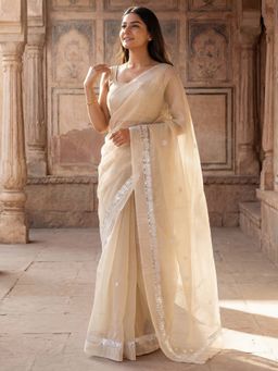 Sareemall - Women's Kota Doria Cotton Off White Embellished Designer Saree with Unstitched Blouse