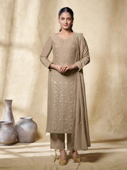 Seerat - Beige Floral Embroidered Straight Kurta and Pant with Dupatta