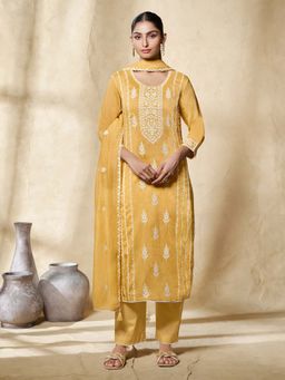 Seerat - Yellow Floral Thread Embroidered Straight Kurta and Pant with Dupatta