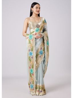 KALKI FASHION - Pastel Grey Floral Hand Painted Saree with Unstitched Blouse