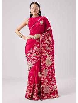 KALKI FASHION - Rani Pink Woven Floral Saree with Unstitched Blouse