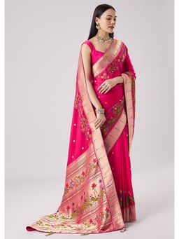 KALKI FASHION - Rani Pink Woven Motif Saree with Unstitched Blouse