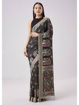 KALKI FASHION - Black Mughal Woven Motif Saree with Unstitched Blouse