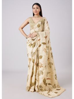 KALKI FASHION - Cream Printed Saree with Unstitched Blouse